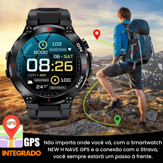 Smartwatch New H Nave GPS Integrado SINC. STRAVA + Pulseira de Brinde